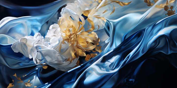 Blue Silk and Gold, random object background image, abstract hero image, powerpoint slides presentation backdrop, Generative AI