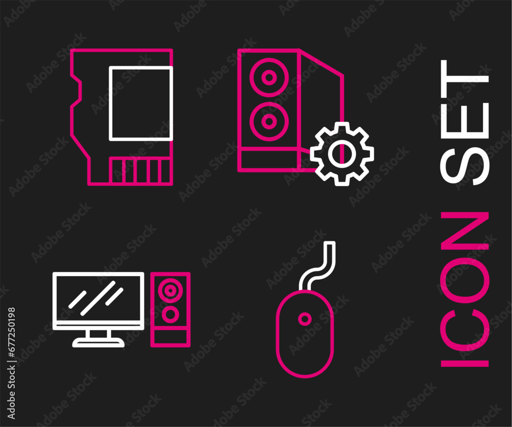 Poster set line computer mouse, monitor, case of computer and sd card icon. vector
