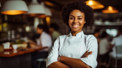 Fototapeta premium Smiling black female chef in her restaurant women and black owned business concept