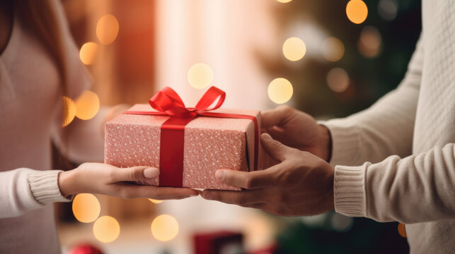 Two People Exchanging A Festive Gift Box Against The Backdrop Of A Warmly Lit Christmas Tree.