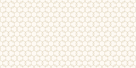 Linear grid vector seamless pattern. Subtle thin golden lines texture, delicate minimalist lattice, mesh, net, diamonds, hexagons. Abstract white and gold luxury background. Minimal elegant geo design