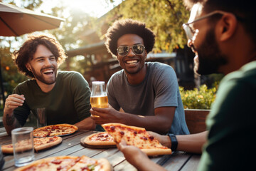 Obraz premium Three happy male friends eating pizza and drink beer in outdoor restaurant