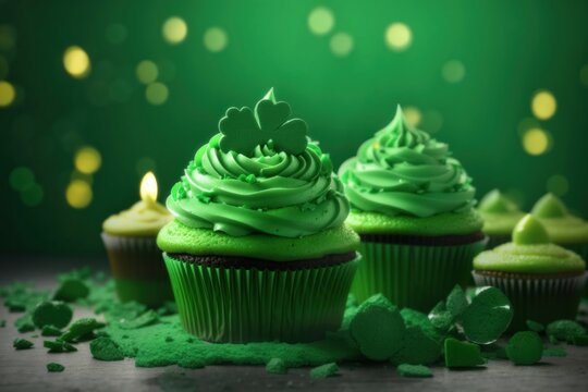 Saint Patricks Day green cupcakes. ai generative