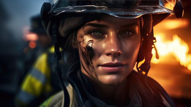 Close-up of a firefighter girl, all dirty after a fire
