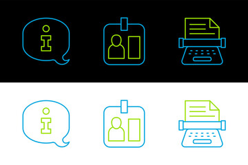 Set line Retro typewriter, Information and Journalist id card icon. Vector