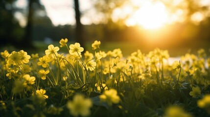 The sun is shining behind a field full of yellow flowers, in the style of bokeh, green, photo taken with nikon d750, light green and pink, konica auto s3, sparse and simple, bentwood