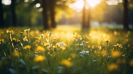 The sun is shining behind a field full of yellow flowers, in the style of bokeh, green, photo taken with nikon d750, light green and pink, konica auto s3, sparse and simple, bentwood - obrazy, fototapety, plakaty