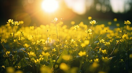 The sun is shining behind a field full of yellow flowers, in the style of bokeh, green, photo taken with nikon d750, light green and pink, konica auto s3, sparse and simple, bentwood