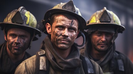 portrait of a fireman tired, dirty, sweaty, exhausted after a fire