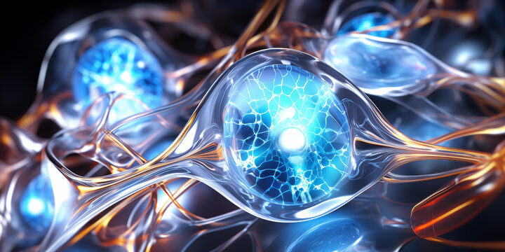 AI Illustration of neurons close-up, nerve node, neural network, brain, microscopic view of neuron cells with their axons, dendrites, synapses, neuronal network of brain cells, transmitting signals 
