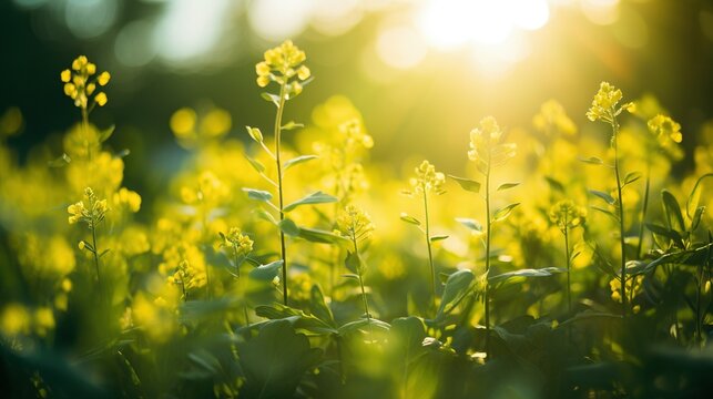 The sun is shining behind a field full of yellow flowers, in the style of bokeh, green, photo taken with nikon d750, light green and pink, konica auto s3, sparse and simple, bentwood