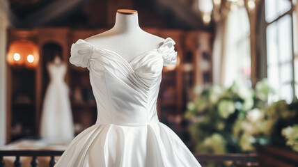 Naklejka premium Wedding drees, bridal gown style and bespoke fashion, white tailored ball gown in showroom, tailor fitting, beauty and wedding