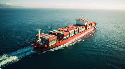 Top view of a container ship on the ocean, representing export, import, and logistic shipping