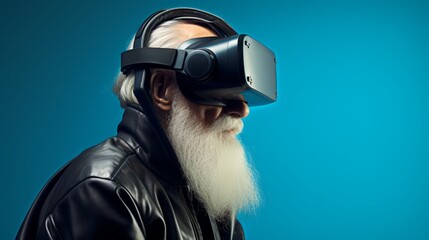 Senior man wearing virtual reality goggles and exploring immersive virtual world on solid background