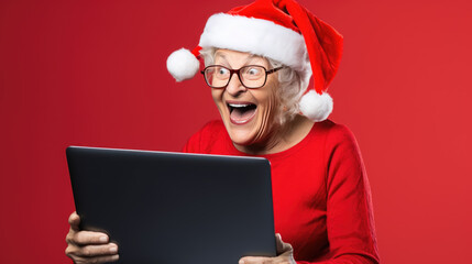 An elderly woman with glasses wearing a Santa hat and red sweater is smiling joyfully at a laptop against a solid background.