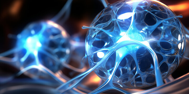 AI Illustration of neurons close-up, nerve node, neural network, brain, microscopic view of neuron cells with their axons, dendrites, synapses, neuronal network of brain cells, transmitting signals 