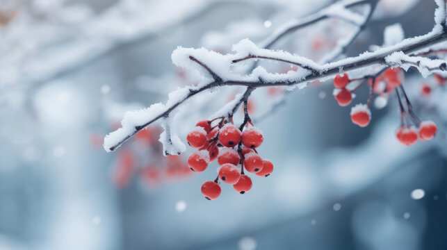 A serene winter scene where red berries and tree branches are delicately frosted with white snow and ice crystals, highlighting the cold beauty of nature