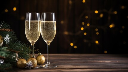 Two glasses of champagne on a wooden background with branches of a Christmas tree - obrazy, fototapety, plakaty