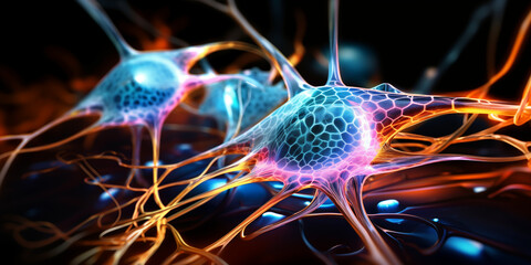 AI Illustration of neurons close-up, nerve node, neural network, brain, microscopic view of neuron cells with their axons, dendrites, synapses, neuronal network of brain cells, transmitting signals  - obrazy, fototapety, plakaty