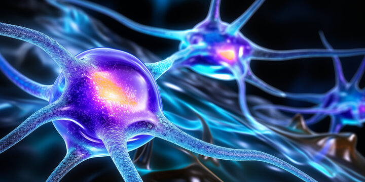 AI Illustration of neurons close-up, nerve node, neural network, brain, microscopic view of neuron cells with their axons, dendrites, synapses, neuronal network of brain cells, transmitting signals 