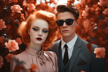 Portrait of young glamorous Caucasian couple in elegant evening clothes against a background of lush flowers. Beautiful red-haired woman with stylish makeup and man in formal suit and sunglasses.