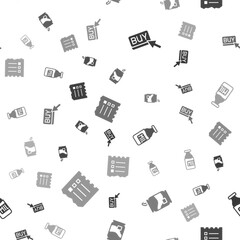 Fototapeta premium Set Buy button, Soda can, Bottle with milk and Shopping list on seamless pattern. Vector