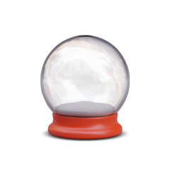 Glass snow globe Christmas decorative design. Stand for promotion product. Happy New Year and Christmas decoration. Vector illustration in 3d realistic style with red elements