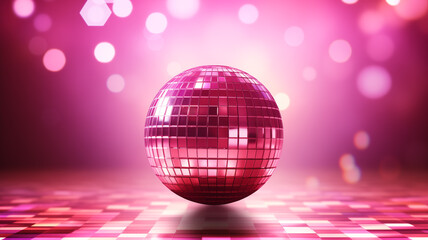 Fototapeta premium rosa pink Discokugel mit Lichtern und Lichteffekten und mit Platz für Text. Querformat. Generative Ai.