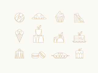 Dessert icons in art deco style doughnut, croissant, cupcake, sandwich, ice cream, cake, dessert, pancakes, macaroons, pie jelly drawing with white on beige background