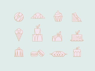 Dessert icons in art deco style doughnut, croissant, cupcake, sandwich, ice cream, cake, dessert, pancakes, macaroons, pie jelly drawing with pink on turquoise background