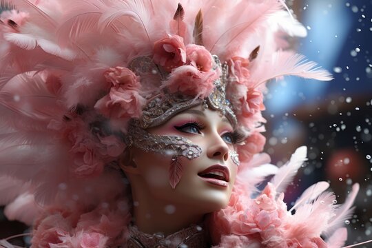 Close-up of beautiful young Hispanic woman wearing pink carnival headdress made of feathers and flowers. Charming swarthy girl in ethnic handcrafted attire. Beauty, art and fashion.