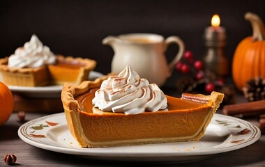 Slice of traditional pumpkin pie for Thanksgiving dinner, topped with whipped cream Thanksgiving dessert created with generative ai	