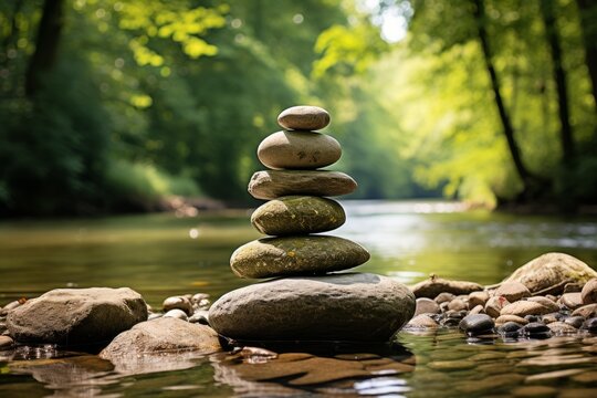 Tranquil and serene zen meditation garden with perfectly balanced stones for inner harmony and peace