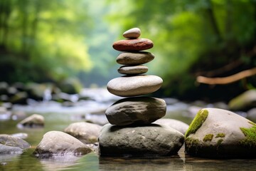 Zen garden with balanced stones, creating a serene and peaceful atmosphere for meditation