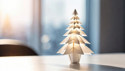 Cute paper christmas tree on desk with copy space