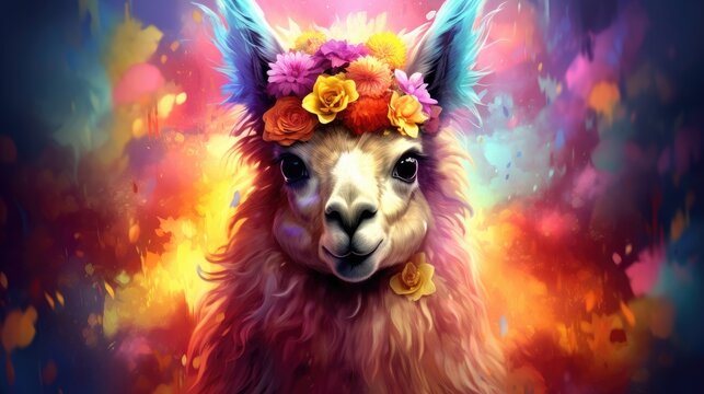  a painting of a llama with a flower crown on it's head, in front of a colorful background.  generative ai