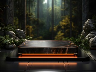 podium for display product with elegant orange LED and forest background