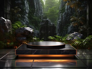 podium for display product with elegant orange LED and forest background