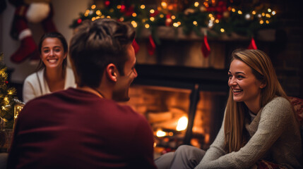 Friends are enjoying a cozy evening by a fireplace, laughing and chatting in a festively decorated living room during the holidays.