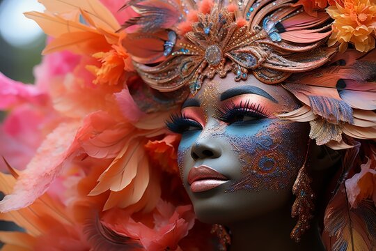Close-up of beautiful African woman wearing carnival handcrafted headdress made of feathers and flowers. Charming black lady with bright glamor makeup and body art. Beauty, art and fashion.