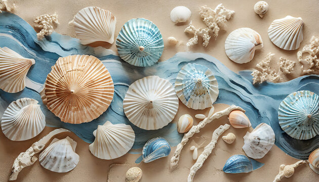 Coastal retreat, Sandy beige tones, seashell decor, and soft blue accents for a beachy vibe.