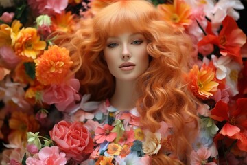 Close-up of beautiful young Caucasian woman in the midst of colorful pastel lush flowers. Red-haired blue-eyed girl in stylish summer dress posing against floral background. Beauty, art and fashion.