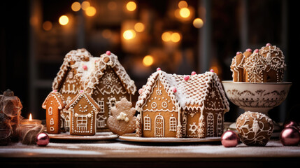 Fototapeta na wymiar Collection of intricately decorated gingerbread houses with festive icing and candy embellishments