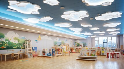 Spacious interior of the kindergarten, large lamps on the ceiling in the shape of clouds.Generative...