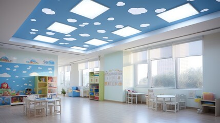 Spacious interior of the kindergarten, large lamps on the ceiling in the shape of clouds.Generative AI.