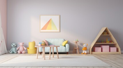 Stylish interior of modern playroom in kindergarten.Generative AI.
