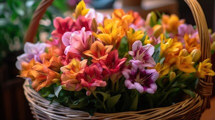 Beautiful alstroemeria flowers in basket on table, closeup. Mother's day concept with a space for a text. Valentine day concept with a copy space.