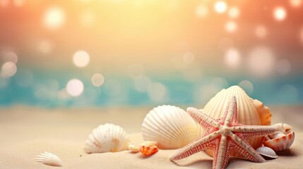 Obraz na płótnie Canvas Summer background seashells beach bokeh 