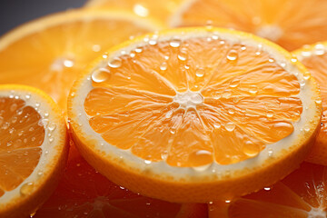 Orange slices with water drops macro photography. Orange background. Orange slices as background texture. Orange fruit pattern. - 677255581
