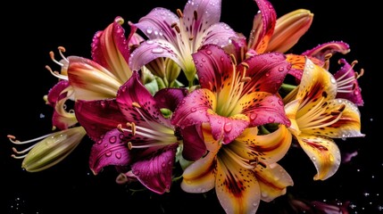 Bouquet of alstroemeria flowers on a black background. Mother's day concept with a space for a text. Valentine day concept with a copy space.
